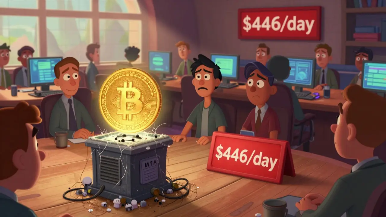 A neglected MTG trading terminal sits ignored among vibrant crypto exchanges, in Disney animated style.