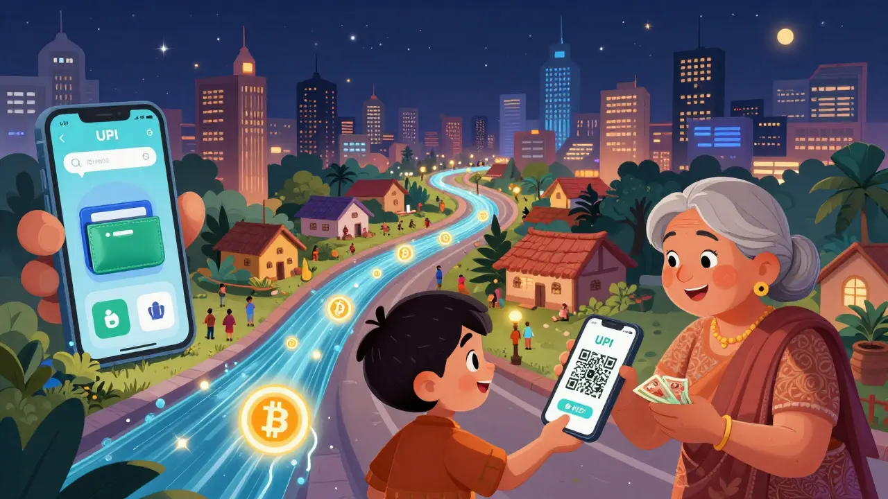 A nighttime Indian city where crypto tokens flow like rivers between UPI apps, connecting rural and urban users with glowing screens.