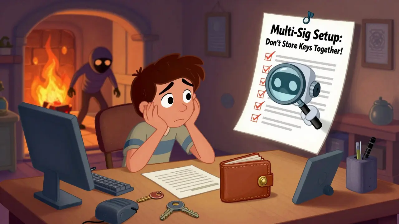 A person sets up a multi-sig wallet with help from a robot, avoiding the mistake of storing all keys in one place.