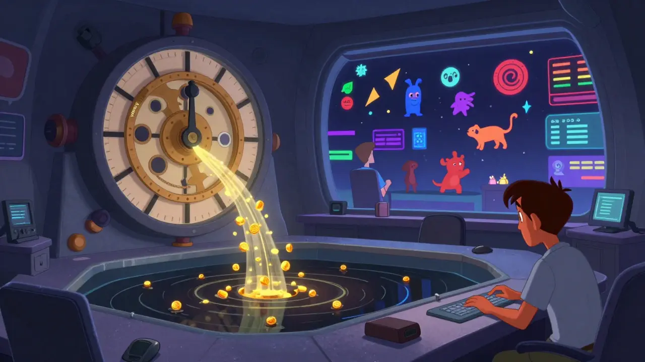 A quiet TWAMM engine releases tiny token streams while busy DEXs glow in the background.