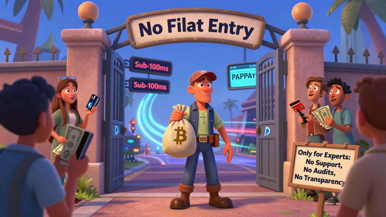 A trader faces a locked gate marked 'No Fiat Entry' while others hold cash and cards, unable to enter FEX.