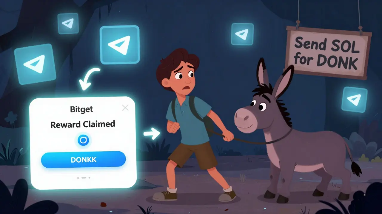 A user being guided away from crypto scams toward a safe Bitget app interface by a friendly donkey.