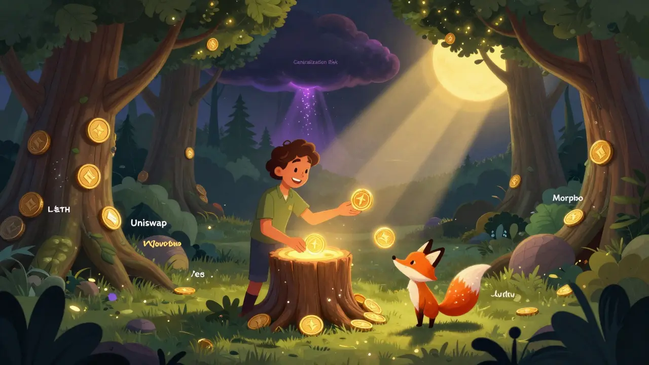 A user plants ETH into a stETH tree, receiving a tradable stETH coin as a fox-like creature helps, with DeFi protocols glowing nearby.