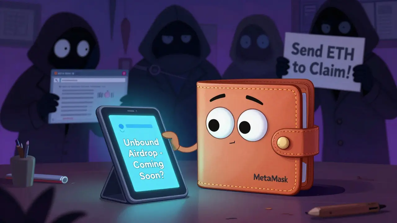 A wallet character checking an airdrop tablet while scammer figures lurk behind with fake websites and countdown timers.