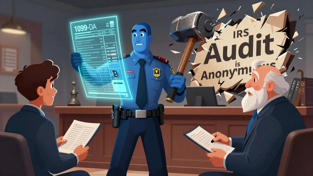 An IRS agent holding Form 1099-DA as a trader with organized records shakes hands with a crypto accountant, while 'Blockchain is Anonymous' crumbles.