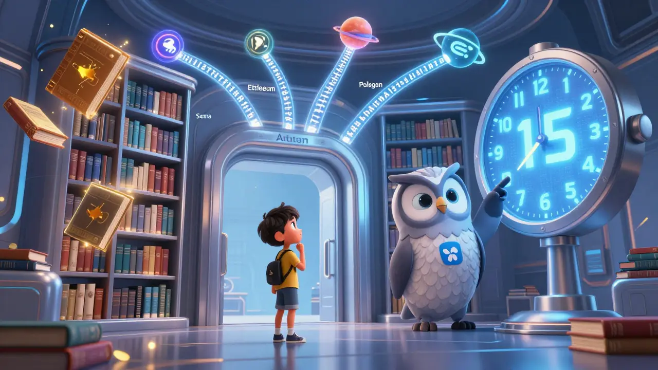 An owl-like AI mentor explains flash loans in a futuristic lending library with nine blockchain chains glowing around it.