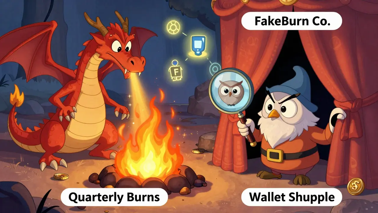Binance's steady burn fire contrasts with a fake burn scam, revealed by an owl using a magnifying glass in Disney cartoon style.