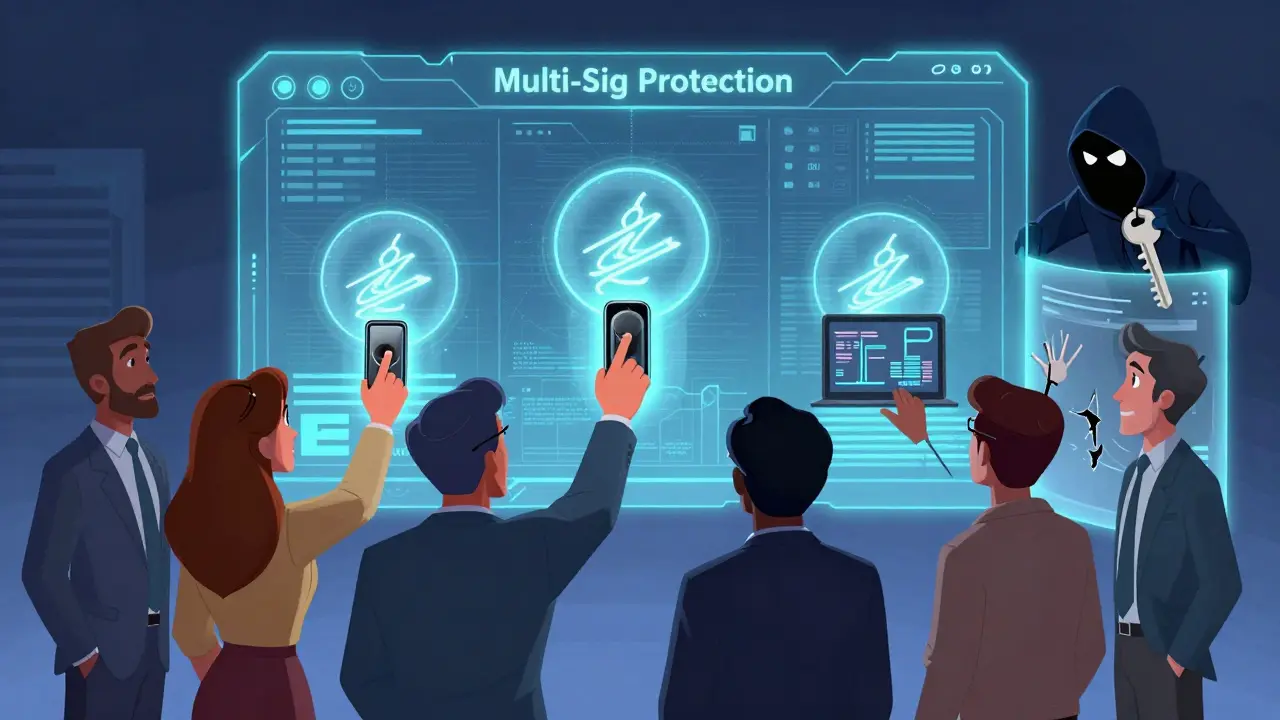 Business team activates a 3-of-5 multi-sig system while a hacker is blocked by a protective barrier.