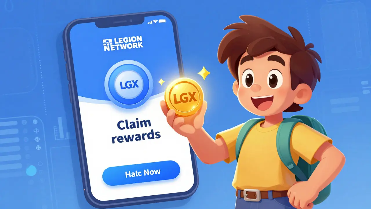 Character claiming LGX tokens in app with glowing token on screen.
