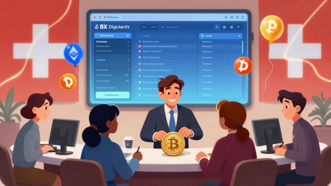 Customers open crypto accounts at PostFinance bank, depositing Bitcoin into a vault as tokenized bonds trade on a glowing screen.