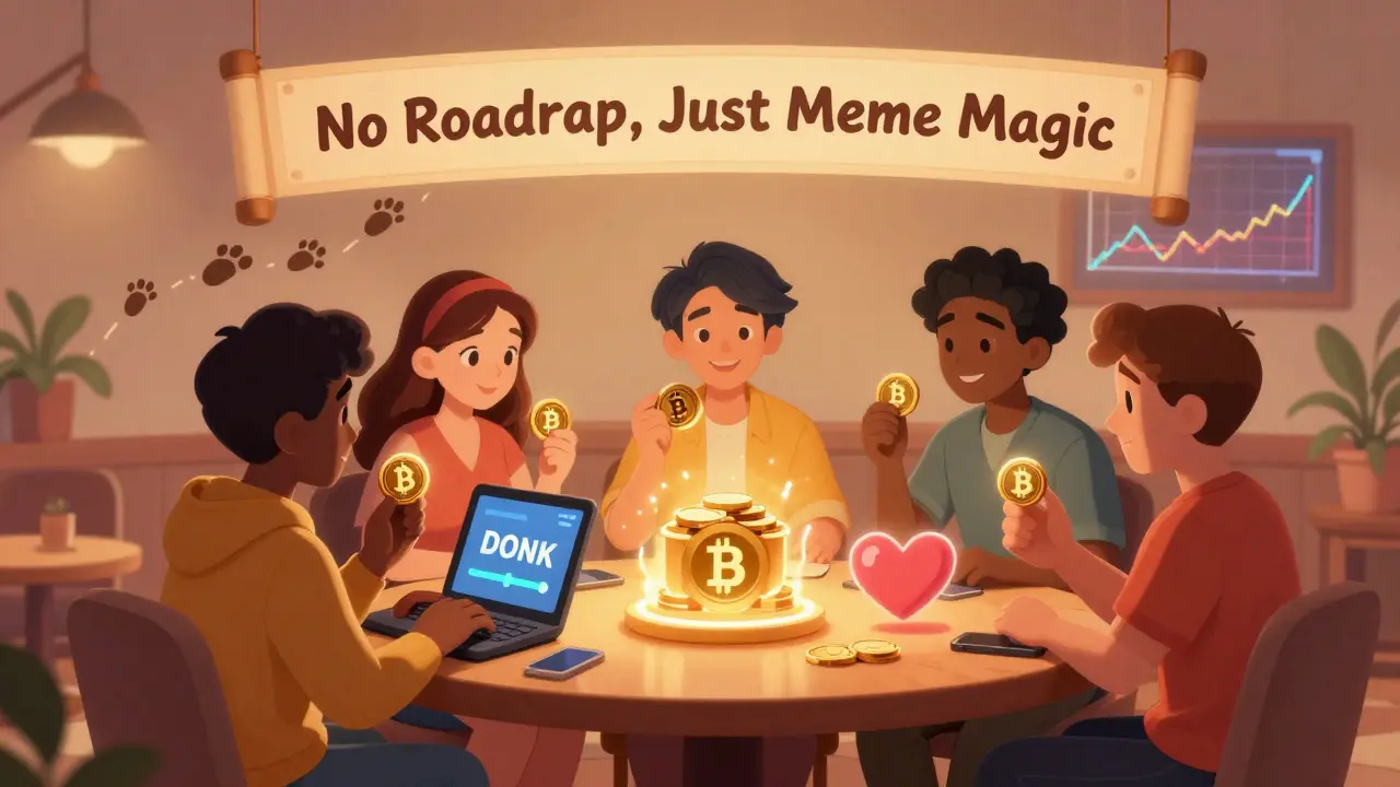 Diverse users trading, staking, and sending DONK tokens in a cozy digital lounge with whimsical details.