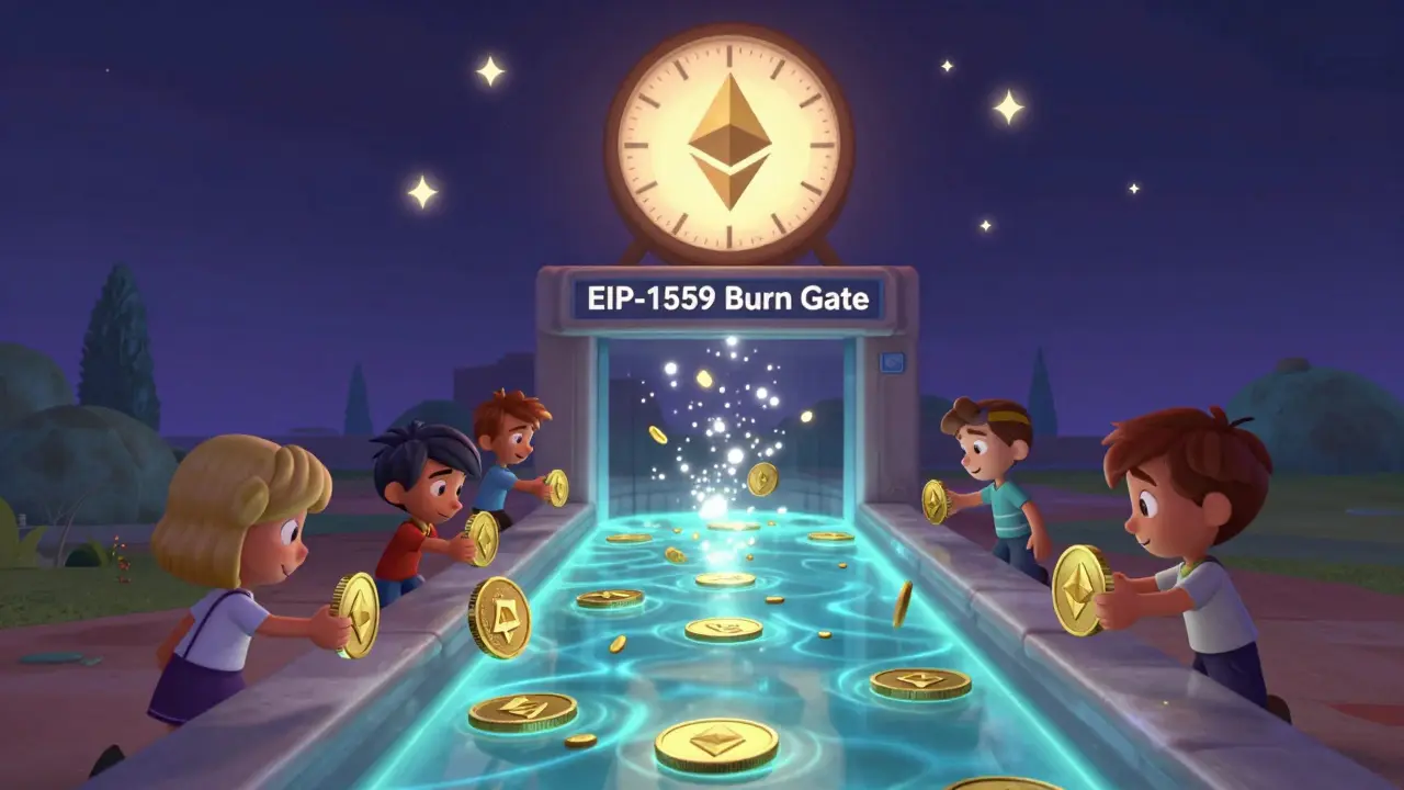 Ethereum transactions flow through a glowing gate that burns fees into sparkling ash, with a clock marking continuous burn.