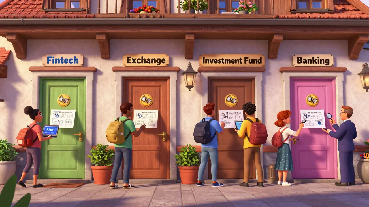 Four licensing doors in a Swiss chalet, each with startup founders meeting FINMA agents.