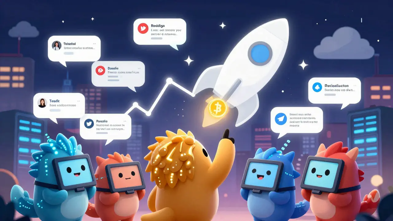 Friendly AI creatures analyze social media chatter and spot a rising crypto trend shaped like a rocket.