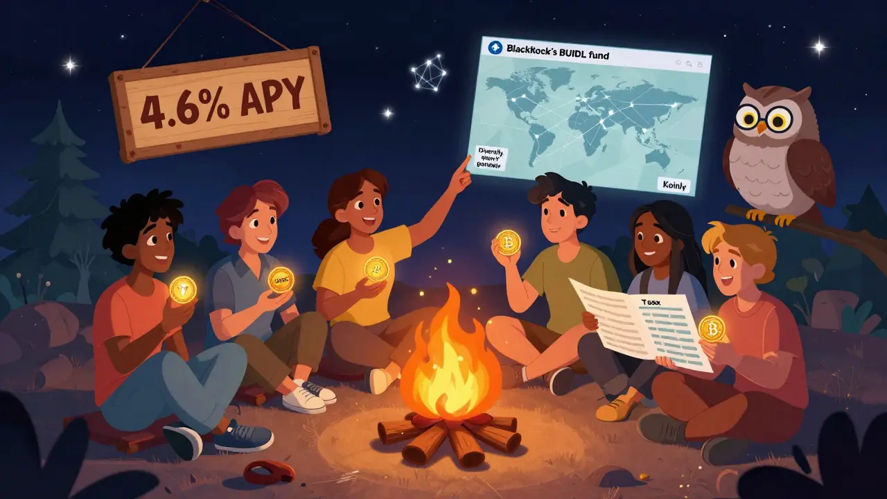 Friends around a campfire holding crypto tokens, with a floating 4.6% APY sign and global network map under starry skies.