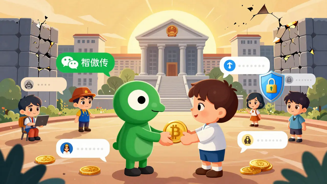 People trading USDT via WeChat and QQ, with encrypted shields and a blocked government firewall in the background.