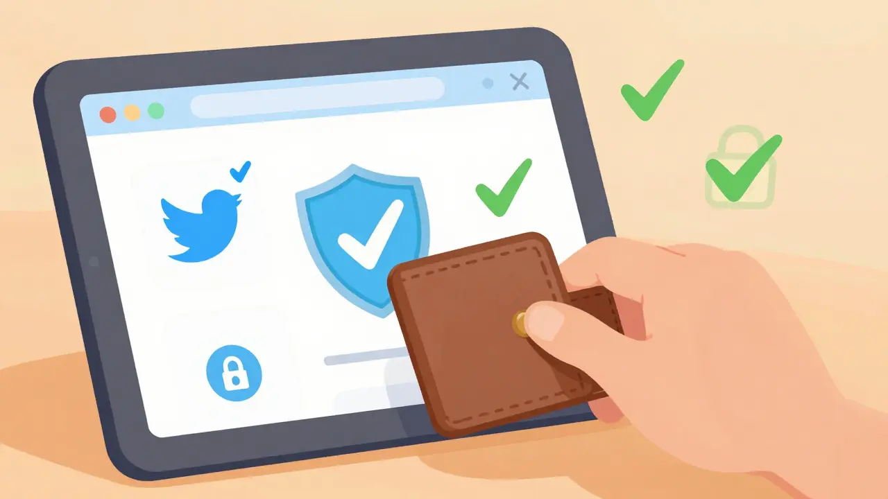 Person using hardware wallet checking website with checkmark symbol