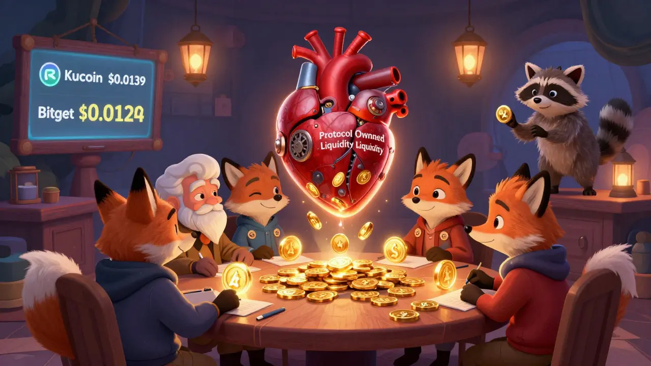 Wise foxes voting around a table as a mechanical heart pumps liquidity, while a raccoon tries to steal VC tokens from conflicting CEX price boards.