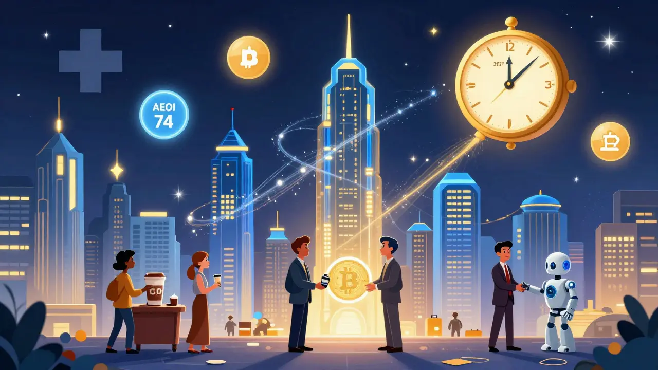 Zug's skyline at night glows with blockchain towers and data streams, as citizens use crypto daily under a starry AEOI-themed sky.