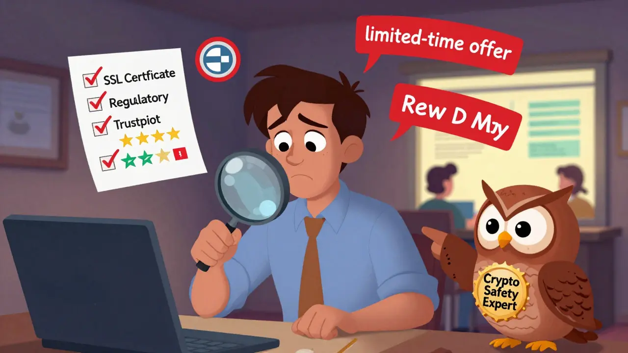 A beginner trader spots red flags of a crypto scam, guided by a wise owl, in Disney-style illustration.