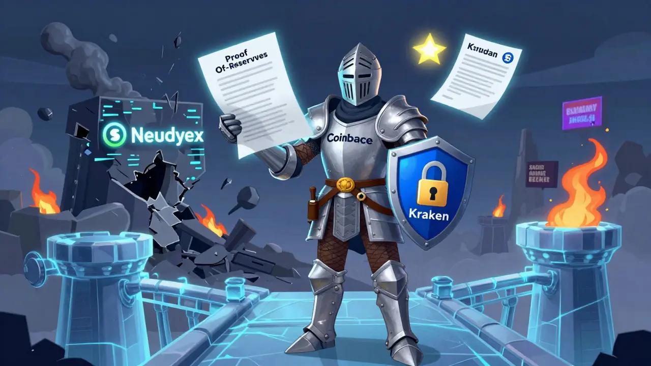 A brave legitimate exchange knight defeats a collapsing scam platform, with transparency and security glowing brightly.