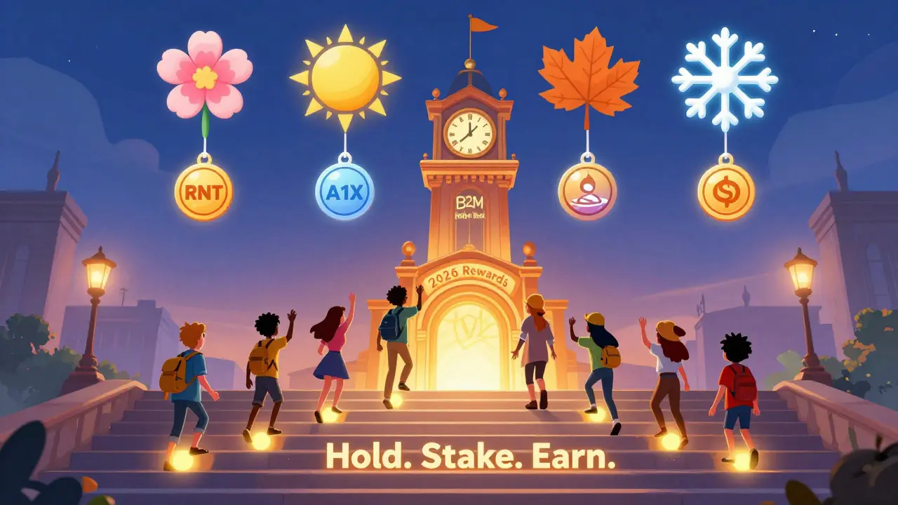 A clock tower marked 'B2M Holder Week' with seasonal symbols above, and users climbing a staircase labeled 'Hold. Stake. Earn.'