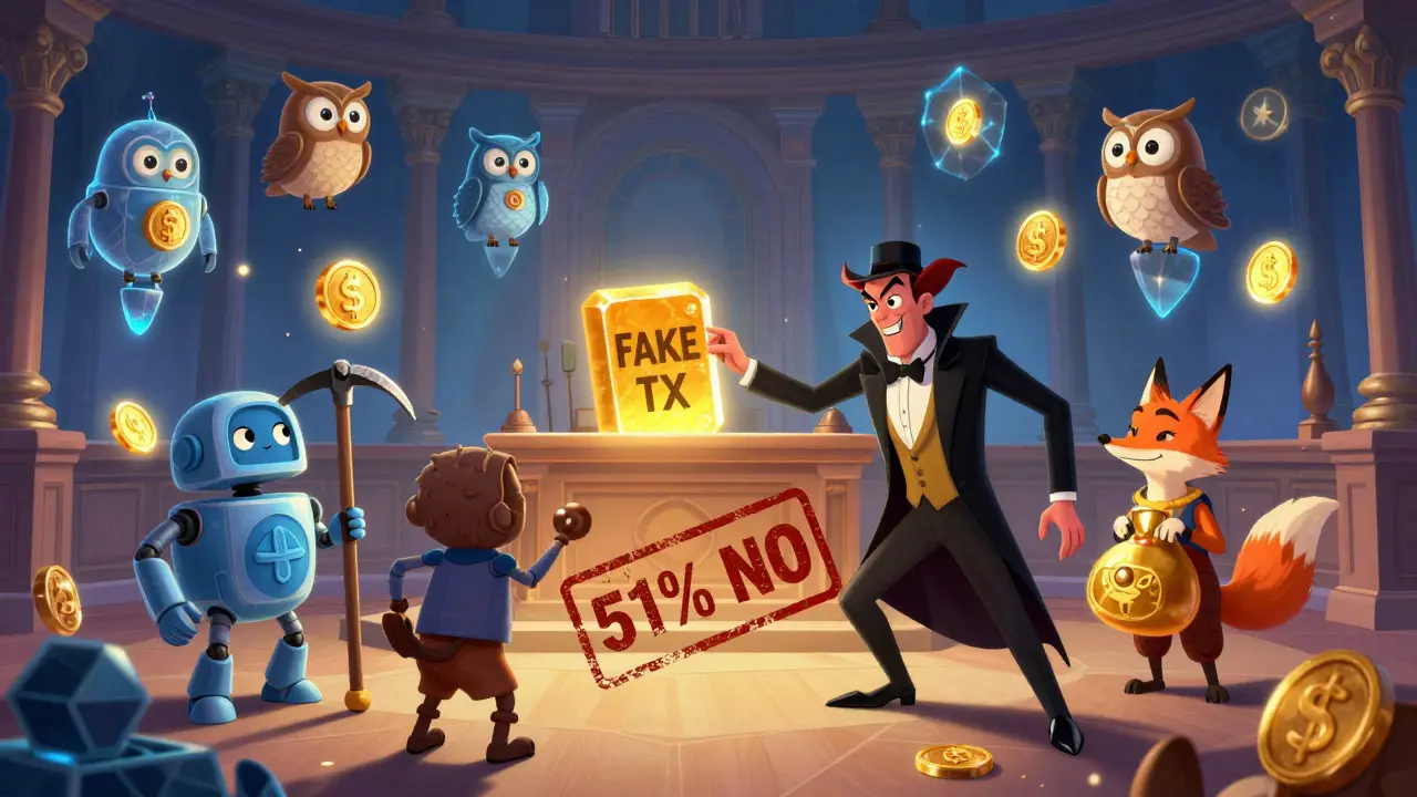 A courtroom of cartoon nodes voting 'NO' to a fake blockchain block, with miner and staker witnesses.