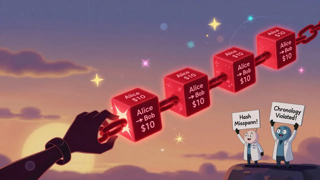 A glowing blockchain chain with a sneaky hand trying to alter a block, while nodes react with red warnings.