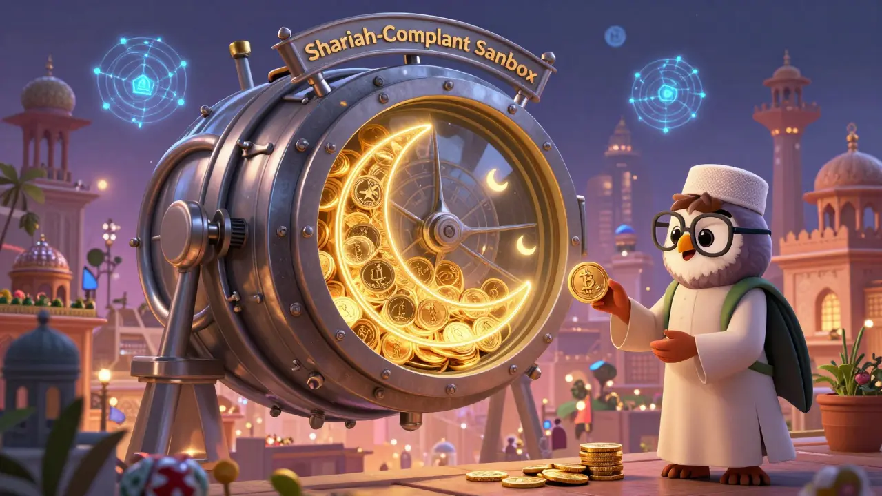 A glowing Shariah-compliant crypto sandbox with halal staking tokens and a friendly PVARA mascot above a Pakistani city.