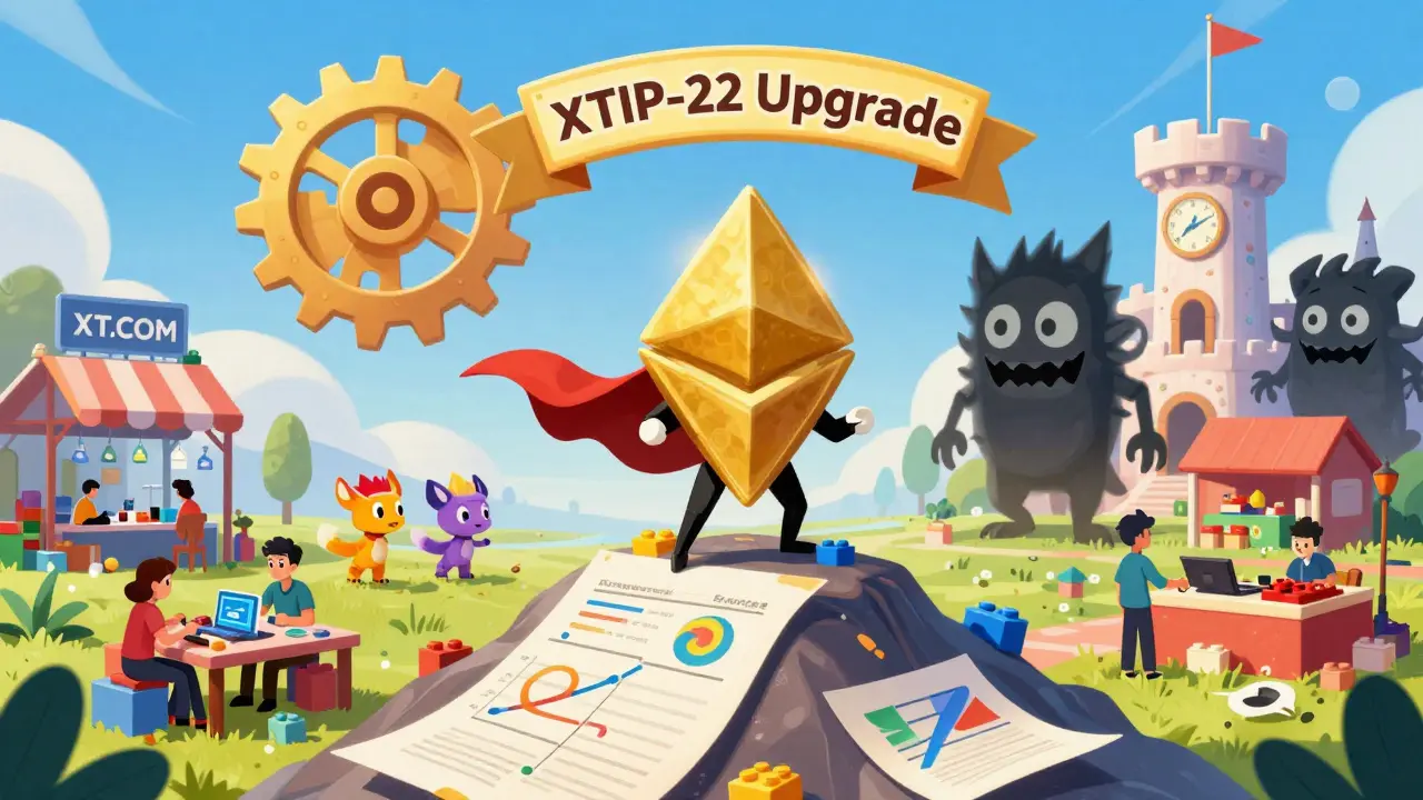 A heroic XT token defends the blockchain from high-fee monsters while developers build dApps and NFTs dance nearby.