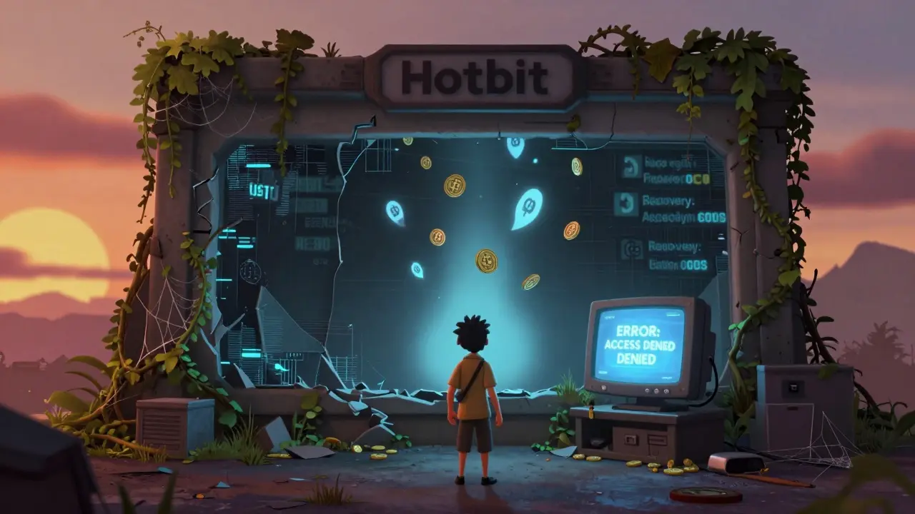 A lonely trader facing a broken Hotbit website portal, ghostly USDT coins fading into the void as fake recovery ads glow in the distance.