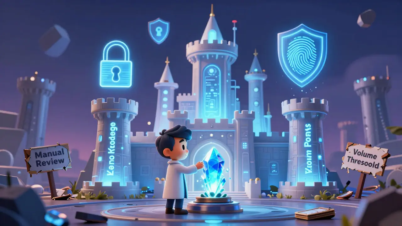 A magical blockchain castle using zero-knowledge proofs to verify NFTs without revealing private details.
