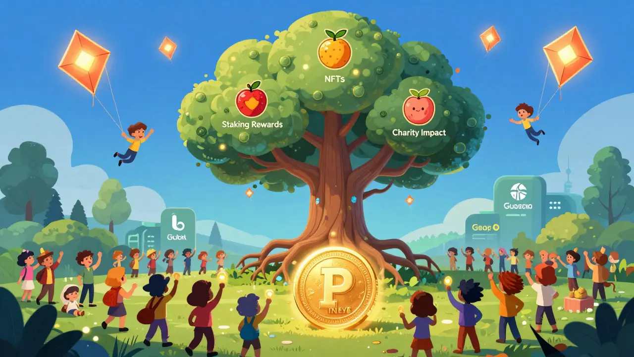 A magical blockchain tree with fruit labeled 'Staking' and 'Charity,' with users flying on token kites above a growing ecosystem.