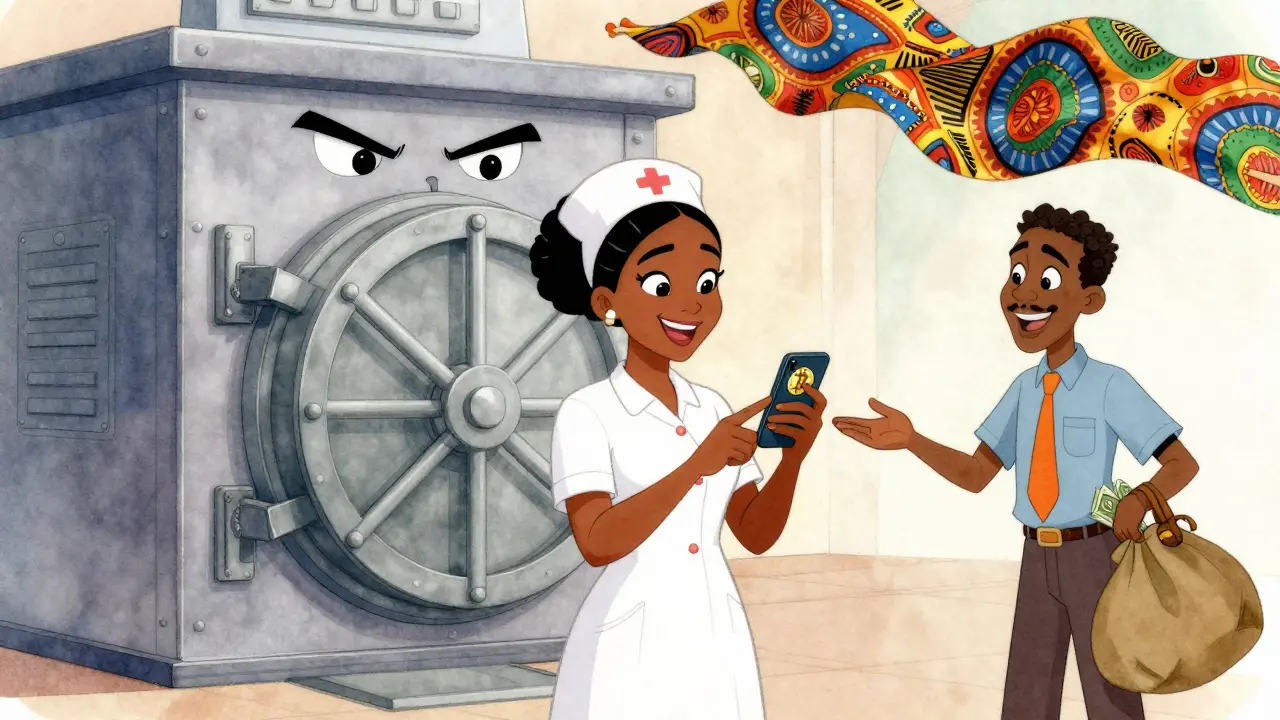 A Nigerian nurse receives Bitcoin on her phone while a bank teller blocks her path, aided by a mobile money agent.