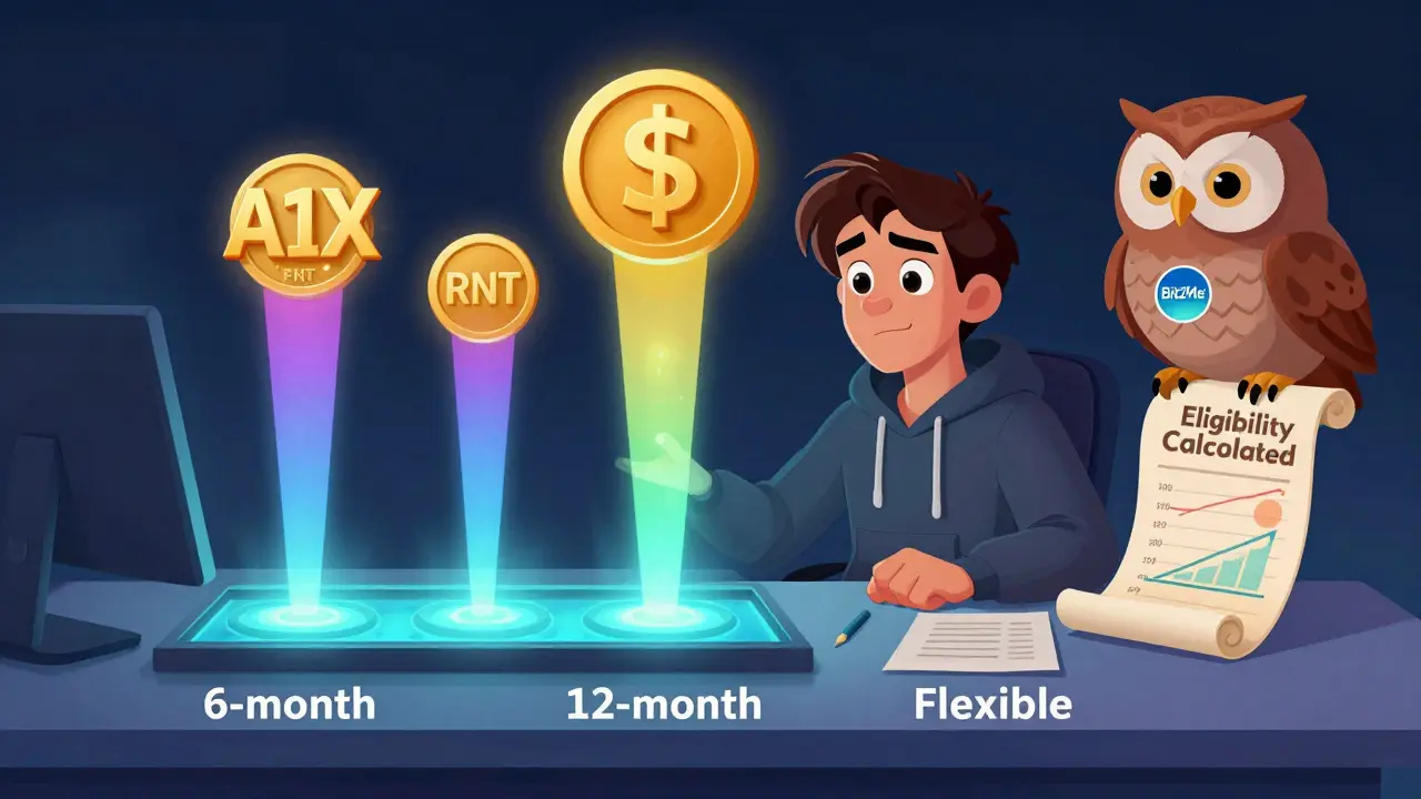 A person staking B2M tokens with three colored pools emitting A1X and RNT tokens, guided by a wise owl.