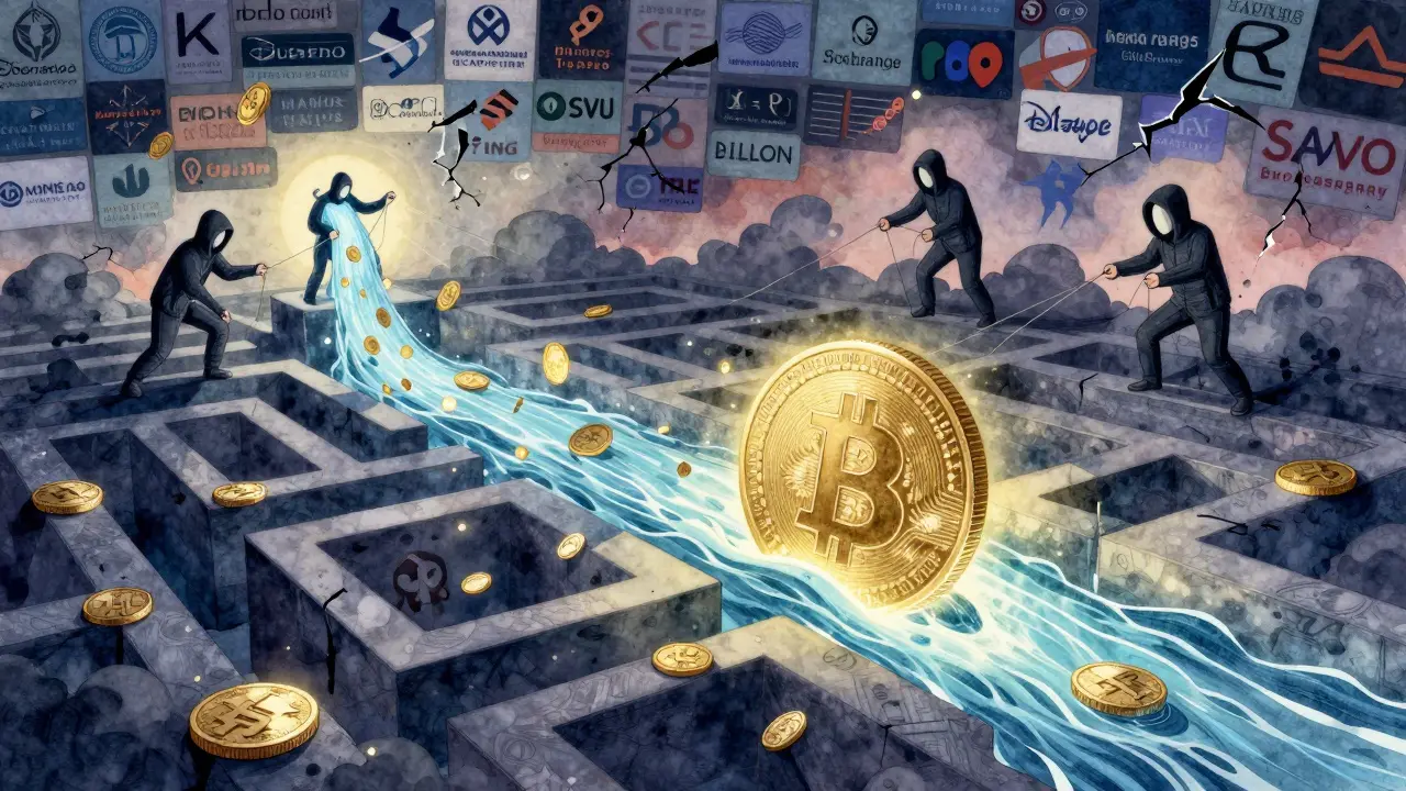 A river of stolen crypto flowing through blockchain bridges, with hacker puppet masters in background.