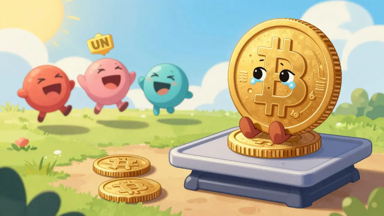 A sad TRI coin weighs down a scale against a massive Bitcoin fee, while thriving DEX tokens dance happily in the distance.