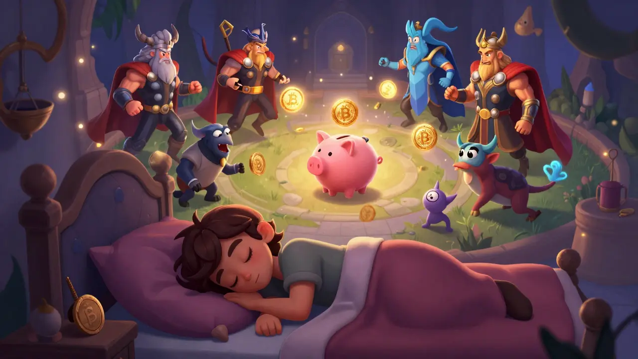A sleeping player watches mythical gods auto-battle in the air above, dropping crypto tokens in a dreamy, idle-game scene.