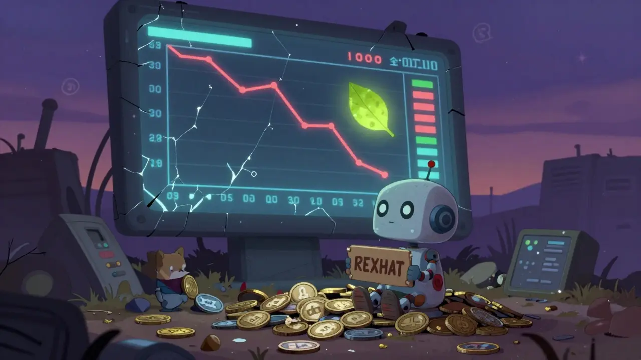 A small robot sits alone on a pile of discarded crypto coins, holding a REXHAT sign under a falling leaf.