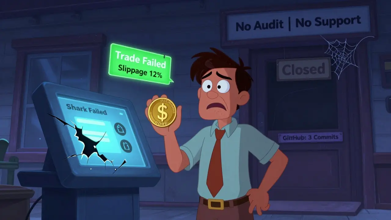 A trader faces a broken SharkSwap terminal with error messages, while a dark, abandoned building looms behind.