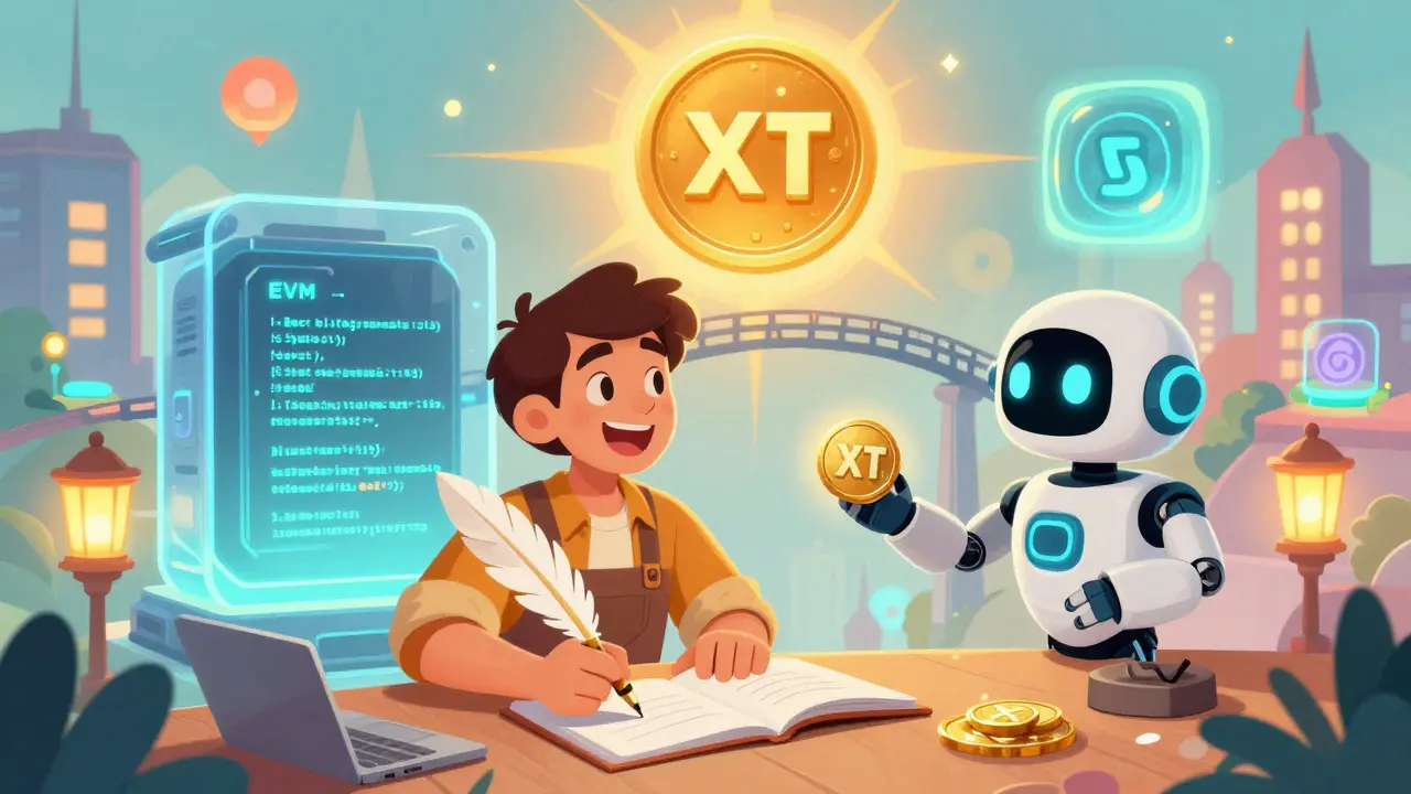 A trader signs a transaction as a robot pays gas fees, with cross-chain bridges and EVM engine in the background.