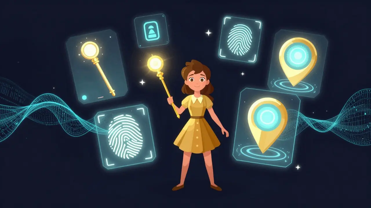 A user surrounded by floating holographic security icons like fingerprints and maps.