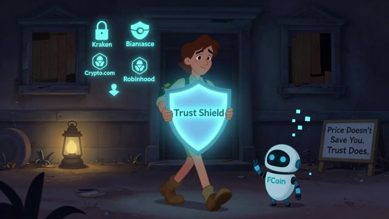 A user walks toward secure exchanges with a trust shield, while a fading FCoin robot dissolves into pixels.