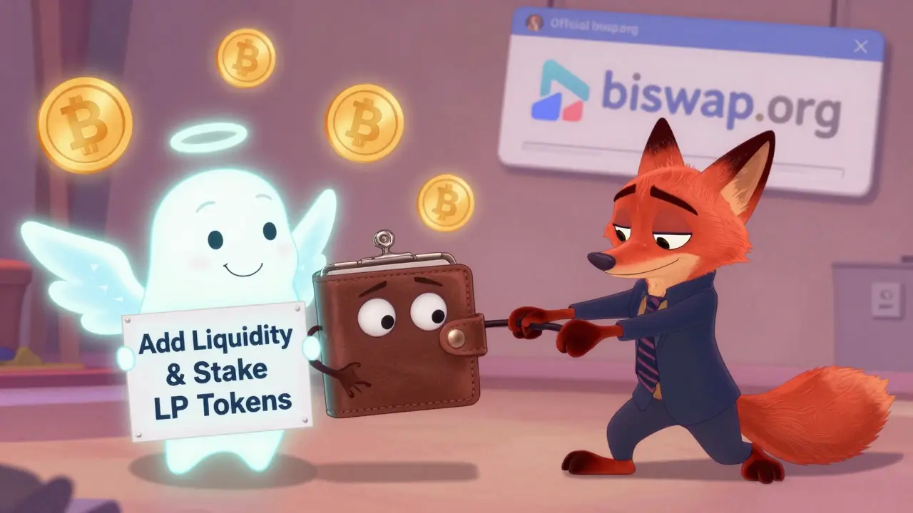 A wallet being guided by an angel versus tricked by a fox, illustrating safe vs. fake BSW claims.