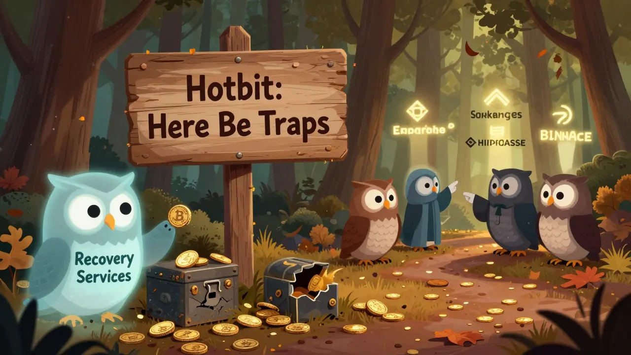 A warning sign in a crypto forest labeled 'Hotbit: Here Be Traps' with scammer owls offering recovery services, while safe exchanges glow in the distance.