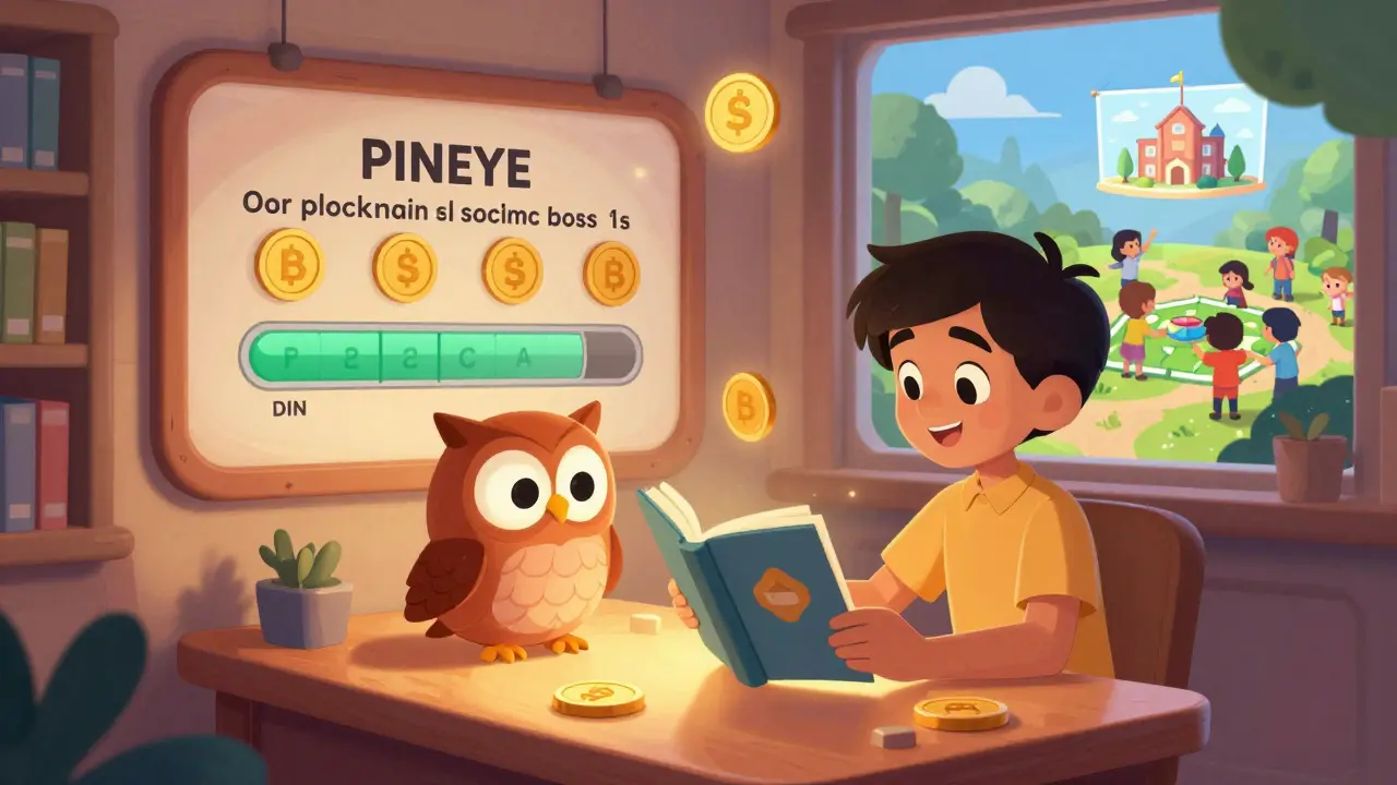 A young learner in a whimsical digital library being taught blockchain by an animated owl, with tokens filling a progress bar.