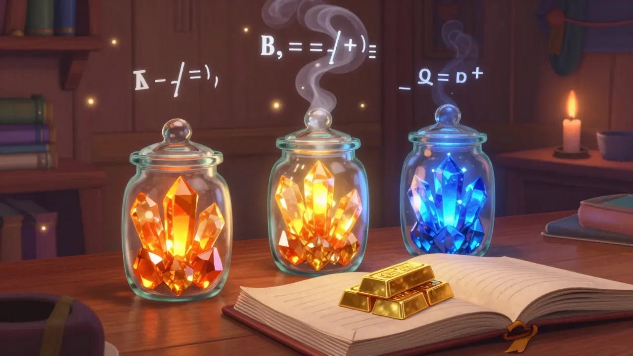 Alchemist sorts glowing gems into jars inside a magical library with floating math.