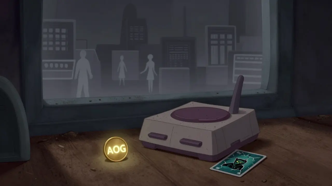 An abandoned game console and faded NFT card sit in a dusty room, symbolizing the quiet decline of the AgeOfGods community.