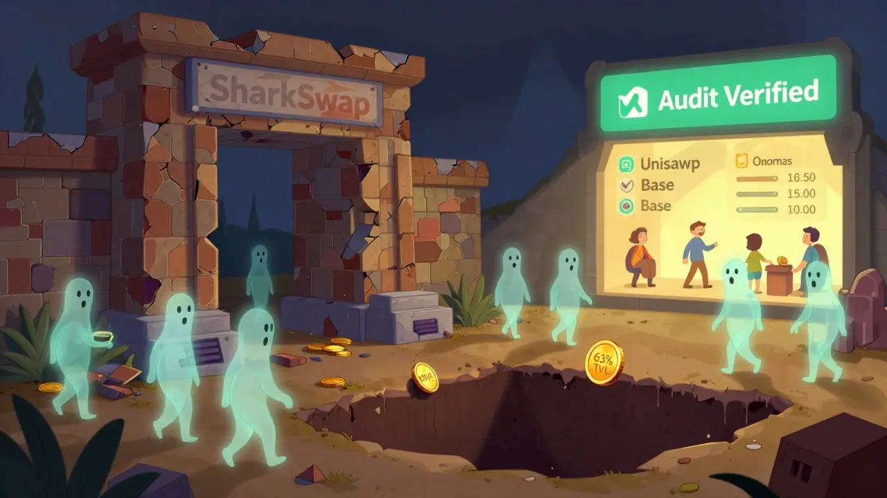 An abandoned SharkSwap temple crumbles as users walk away, while Uniswap on Base glows safely in the distance.