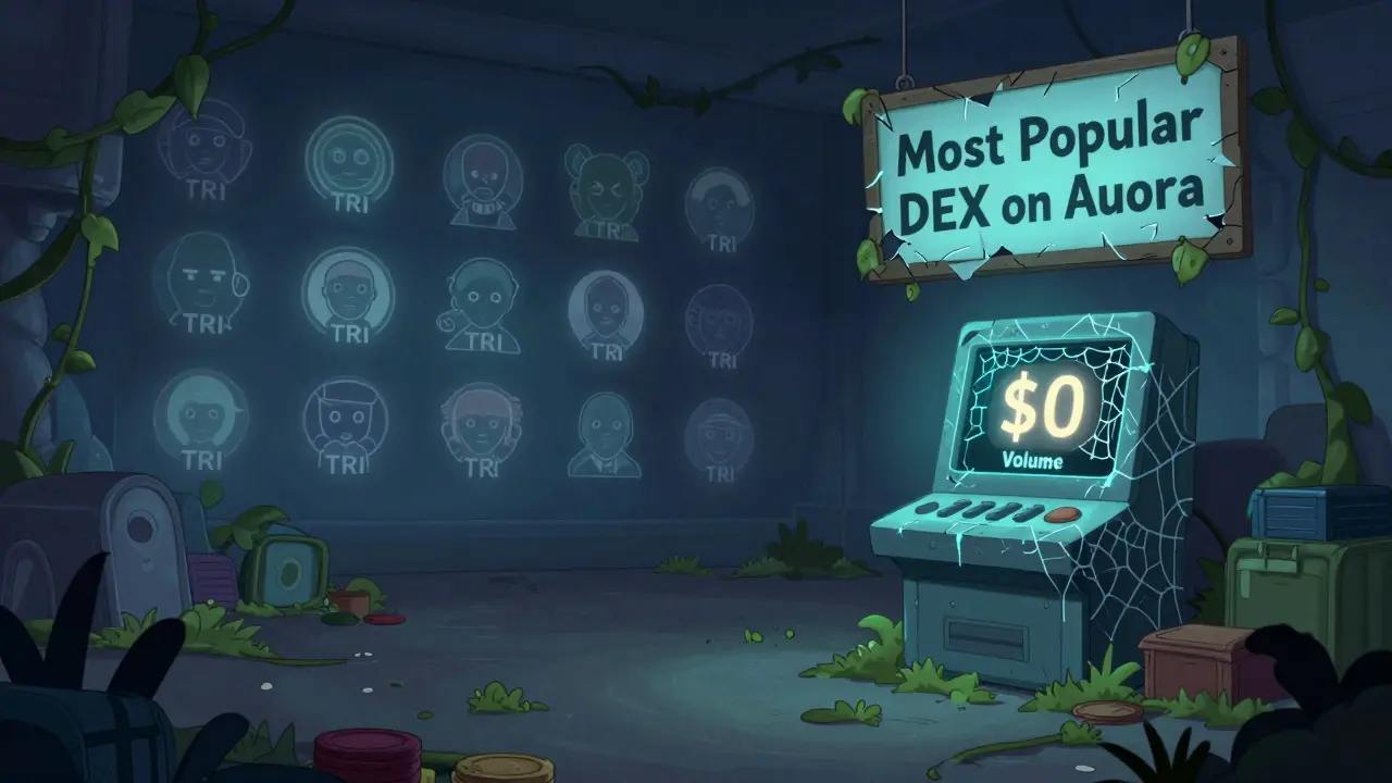 An empty DeFi exchange floor is overgrown with vines, with a broken sign reading 'Most Popular DEX on Aurora' hanging above a <h2>How does it compare to other DEX tokens?</h2> terminal.